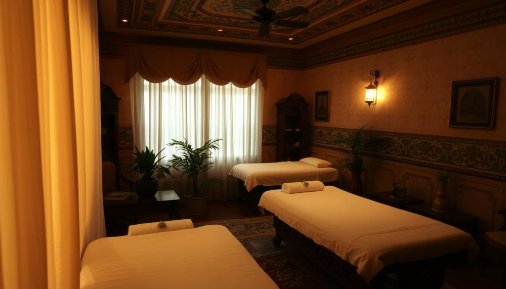A dimly lit, cozy interior of a traditional Turkish massage salon in Fatih, Istanbul. Soft lighting filters through sheer curtains, casting a warm, relaxing glow. Plush, cushioned massage tables are arranged in a soothing layout, surrounded by ornate, carved wood furnishings and potted plants. The walls are adorned with intricate tile work and calming, earthy-toned fabrics. The atmosphere is one of tranquility and rejuvenation, inviting visitors to unwind and indulge in the restorative power of authentic Turkish massage techniques.