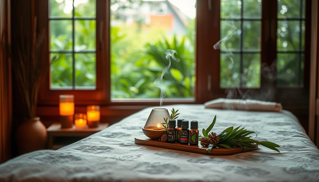 A dimly lit, cozy treatment room in Istanbul. Soft, warm lighting creates a serene ambiance. On a wooden massage table, an array of essential oil bottles and diffuser sit alongside fresh botanicals, conveying the essence of aromatherapy. Delicate steam rises, filling the air with soothing, earthy scents. In the background, a window overlooks a lush, verdant garden, adding to the tranquil, natural atmosphere. The scene exudes a sense of holistic, restorative well-being, inviting the viewer to experience the integration of mind, body, and spirit through the therapeutic power of aromatics and massage.