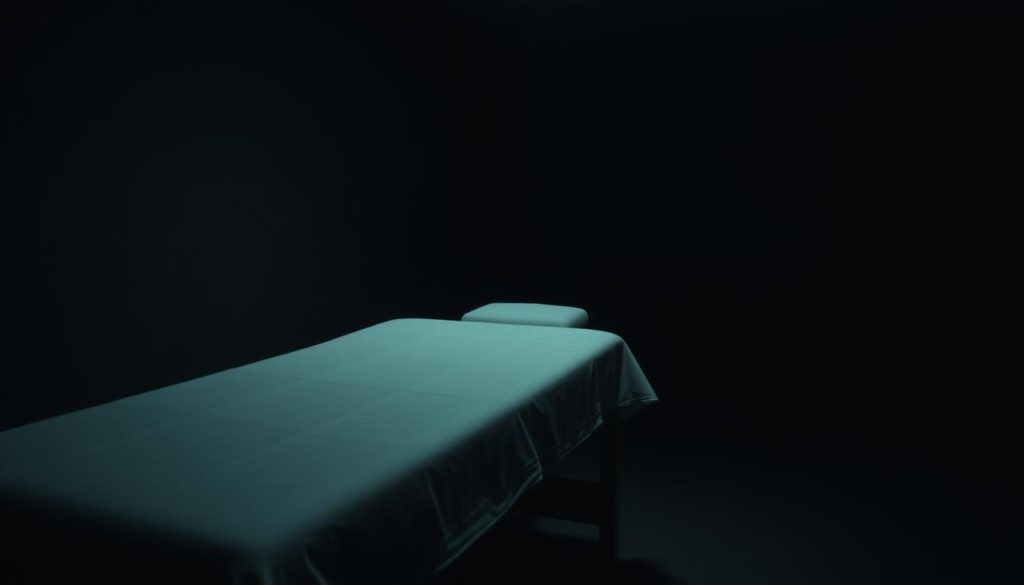A dimly lit massage parlor with a simple, utilitarian aesthetic. The massage table is positioned in the foreground, its clean white sheet and sparse wooden frame hinting at potential hazards. The background is obscured, casting shadows that suggest an unseen, potentially concerning environment. Muted lighting casts an ominous atmosphere, creating a sense of unease. The scene conveys a cautionary tale, hinting at the risks and dangers that may lurk within the seemingly innocuous setting of a massage salon.
