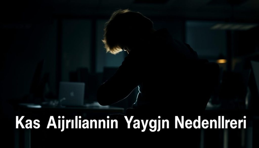 A dimly lit office setting, showcasing a person sitting in a slouched, poor posture position. The figure is depicted from a low angle, highlighting the hunched shoulders and forward-leaning head. The lighting casts long, dramatic shadows, emphasizing the strain and tension in the subject's body. The background is blurred, keeping the focus on the central figure and their uncomfortable, unnatural pose. The scene conveys a sense of discomfort and physical strain, alluding to the common issues faced by office workers. The image should serve as a visual representation of the "Kas Ağrılarının Yaygın Nedenleri" section of the article.