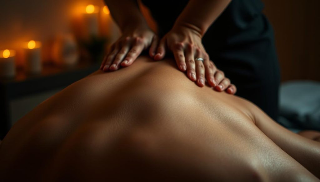 A dimly lit room with warm, ambient lighting, showcasing intricate massage techniques performed by expert hands. Smooth, flowing movements across the muscular back, with subtle pressure and gentle kneading. Detailed textures of skin, muscle, and the masseuse's fingertips create a sense of depth and tactility. The scene is serene and calming, with a focus on the therapeutic process rather than the environment. The camera angle captures the technique from a slightly elevated perspective, allowing the viewer to observe the skilled application of various massage modalities.