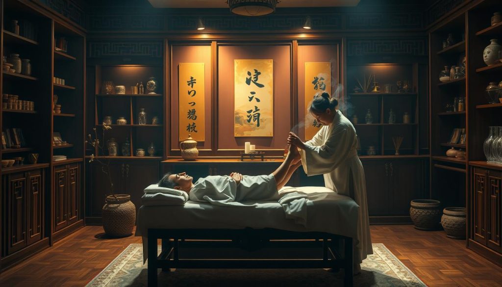 A dimly lit traditional Chinese medicine clinic, with ornate wooden shelves displaying an array of herbal remedies and acupuncture needles. In the center, a patient reclines on a padded massage table, their feet being meticulously examined by a practitioner in a flowing silk robe. Warm, muted lighting casts a soothing glow, while delicate wisps of incense drift through the air, creating an atmosphere of tranquility and holistic healing. The scene captures the essence of reflexology, a key component of ancient Chinese medicinal practices. A dimly lit traditional Chinese medicine clinic, with ornate wooden shelves displaying an array of herbal remedies and acupuncture needles. In the center, a patient reclines on a padded massage table, their feet being meticulously examined by a practitioner in a flowing silk robe. Warm, muted lighting casts a soothing glow, while delicate wisps of incense drift through the air, creating an atmosphere of tranquility and holistic healing. The scene captures the essence of reflexology, a key component of ancient Chinese medicinal practices.