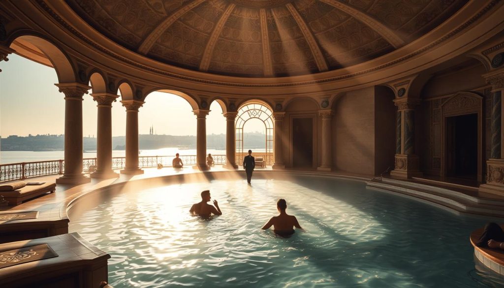 A grand and opulent Turkish bath, with a domed, ornately tiled ceiling that filters in soft, warm light. Sunbeams dance on the surface of the steaming, tranquil pool, surrounded by intricate marble alcoves and soothing stone benches. The air is thick with the fragrant aromas of eucalyptus and rose, creating a deeply relaxing atmosphere. Shadowy silhouettes of massage therapists move gracefully, offering ancient Anatolian healing techniques. In the background, a panoramic view of the sparkling Bosphorus and the historic Istanbul skyline, hinting at the luxury and rejuvenation to be found within this timeless sanctuary of wellness.