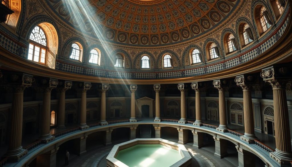 A grand, domed structure in the classical Ottoman architectural style, with intricate tile patterns adorning the exterior. Sunlight filters through ornate windows, casting a warm, ambient glow within the space. Elegantly carved columns and arches support the impressive, vaulted ceilings, creating a sense of grandeur and timeless beauty. The interior features a central, octagonal pool surrounded by raised platforms, where visitors would have relaxed and indulged in the restorative ritual of the Turkish bath. The overall atmosphere evokes a harmonious blend of history, opulence, and a serene ambiance, perfectly capturing the essence of the historic Turkish hamam.