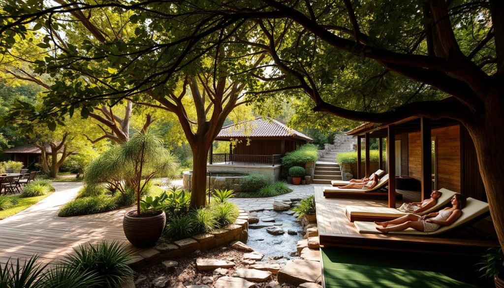 A lush, serene outdoor spa nestled amidst the verdant gardens of the historic Six Senses Kocataş Mansions. Sunlight filters through the canopy of trees, casting a warm, natural glow on the wooden decks and stone pathways. Guests recline on plush loungers, surrounded by the soothing sounds of a nearby stream and the gentle rustling of leaves. In the distance, a traditional Turkish hammam stands as a testament to the property's commitment to holistic wellness and sustainable practices. The scene exudes a sense of tranquility and harmony with the environment, perfectly capturing the essence of the "doğa dostu" (nature-friendly) approach that defines this luxurious wellness destination. A lush, serene outdoor spa nestled amidst the verdant gardens of the historic Six Senses Kocataş Mansions. Sunlight filters through the canopy of trees, casting a warm, natural glow on the wooden decks and stone pathways. Guests recline on plush loungers, surrounded by the soothing sounds of a nearby stream and the gentle rustling of leaves. In the distance, a traditional Turkish hammam stands as a testament to the property's commitment to holistic wellness and sustainable practices. The scene exudes a sense of tranquility and harmony with the environment, perfectly capturing the essence of the "doğa dostu" (nature-friendly) approach that defines this luxurious wellness destination.