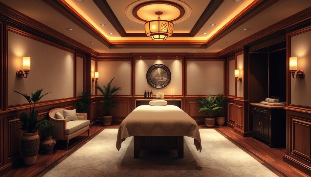 A luxurious and tranquil VIP massage suite, adorned with plush fabrics, warm lighting, and soothing aromas. Ornate wooden accents and elegant decor create an atmosphere of exclusivity and relaxation. A single, expansive massage table is the centerpiece, surrounded by potted plants and soft, diffused lighting. The room is bathed in a calming palette of muted tones, inviting the viewer to imagine the ultimate pampering experience. The scene conveys a sense of indulgence and personalized service, perfect for the discerning clientele seeking the finest massage offerings. A luxurious and tranquil VIP massage suite, adorned with plush fabrics, warm lighting, and soothing aromas. Ornate wooden accents and elegant decor create an atmosphere of exclusivity and relaxation. A single, expansive massage table is the centerpiece, surrounded by potted plants and soft, diffused lighting. The room is bathed in a calming palette of muted tones, inviting the viewer to imagine the ultimate pampering experience. The scene conveys a sense of indulgence and personalized service, perfect for the discerning clientele seeking the finest massage offerings.