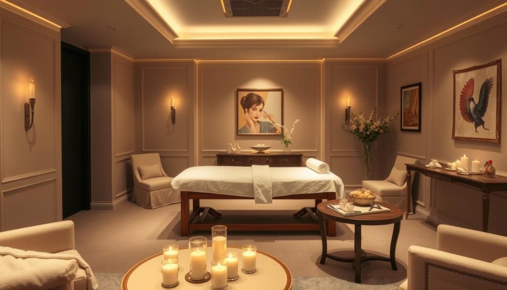 A luxurious, dimly lit room with plush, cream-colored furniture and soft, ambient lighting. A large, wooden massage table sits prominently in the center, adorned with crisp, white linens. Delicate, fragrant candles flicker on a nearby table, casting a warm, inviting glow. The walls are painted in a soothing, neutral palette, with tasteful artwork and decorative elements that exude an air of exclusivity and sophistication. The atmosphere is one of tranquility and indulgence, creating the perfect setting for a VIP massage experience.