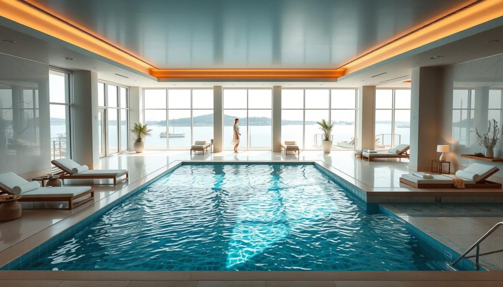 A luxurious indoor spa and wellness center with a serene, contemporary ambiance. Showcasing a spacious pool area with gleaming turquoise waters, surrounded by minimalist white decor and abundant natural light flooding through large windows. Elegant lounge chairs and cozy corners invite guests to unwind. The spa features state-of-the-art facilities and equipment for holistic treatments, including massage rooms with soothing lighting and tranquil vibes. Expansive open spaces lead to outdoor terraces overlooking the picturesque Bosphorus Strait. Capturing the essence of relaxation and rejuvenation in a sophisticated, high-end setting. A luxurious indoor spa and wellness center with a serene, contemporary ambiance. Showcasing a spacious pool area with gleaming turquoise waters, surrounded by minimalist white decor and abundant natural light flooding through large windows. Elegant lounge chairs and cozy corners invite guests to unwind. The spa features state-of-the-art facilities and equipment for holistic treatments, including massage rooms with soothing lighting and tranquil vibes. Expansive open spaces lead to outdoor terraces overlooking the picturesque Bosphorus Strait. Capturing the essence of relaxation and rejuvenation in a sophisticated, high-end setting.