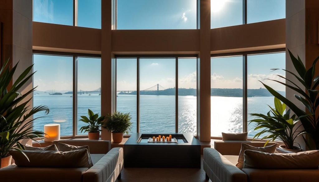 A luxurious spa overlooking the majestic Bosphorus Strait, with sunlight filtering through large windows and reflecting off the calm waters. Plush, earth-toned furnishings create a serene ambiance, complemented by the warm glow of candles. Lush, verdant plants add pops of natural greenery, while sleek, modern architecture frames the stunning view of the iconic Istanbul skyline in the distance. The atmosphere is one of tranquility and indulgence, inviting visitors to unwind and rejuvenate amidst the captivating panorama of the Bosphorus. A luxurious spa overlooking the majestic Bosphorus Strait, with sunlight filtering through large windows and reflecting off the calm waters. Plush, earth-toned furnishings create a serene ambiance, complemented by the warm glow of candles. Lush, verdant plants add pops of natural greenery, while sleek, modern architecture frames the stunning view of the iconic Istanbul skyline in the distance. The atmosphere is one of tranquility and indulgence, inviting visitors to unwind and rejuvenate amidst the captivating panorama of the Bosphorus.