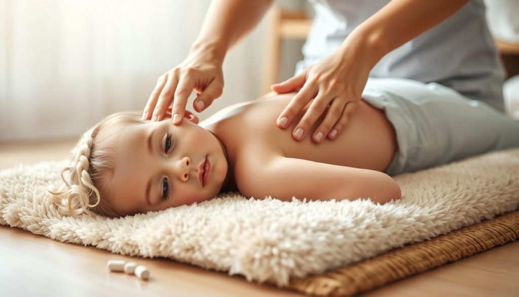 A peaceful, tranquil scene of a child receiving a gentle, soothing massage from a caregiver's skilled hands. The child lies comfortably on a soft, plush mat, their face serene and relaxed. Soft, diffused lighting bathes the scene, creating a warm, calming atmosphere. The caregiver's movements are deliberate and tender, as they expertly knead the child's muscles, promoting relaxation and well-being. The background is blurred, keeping the focus on the intimate, nurturing interaction between the child and caregiver. An image that conveys the therapeutic benefits of massage for young, vulnerable individuals who should be protected from any potential harm. A peaceful, tranquil scene of a child receiving a gentle, soothing massage from a caregiver's skilled hands. The child lies comfortably on a soft, plush mat, their face serene and relaxed. Soft, diffused lighting bathes the scene, creating a warm, calming atmosphere. The caregiver's movements are deliberate and tender, as they expertly knead the child's muscles, promoting relaxation and well-being. The background is blurred, keeping the focus on the intimate, nurturing interaction between the child and caregiver. An image that conveys the therapeutic benefits of massage for young, vulnerable individuals who should be protected from any potential harm.