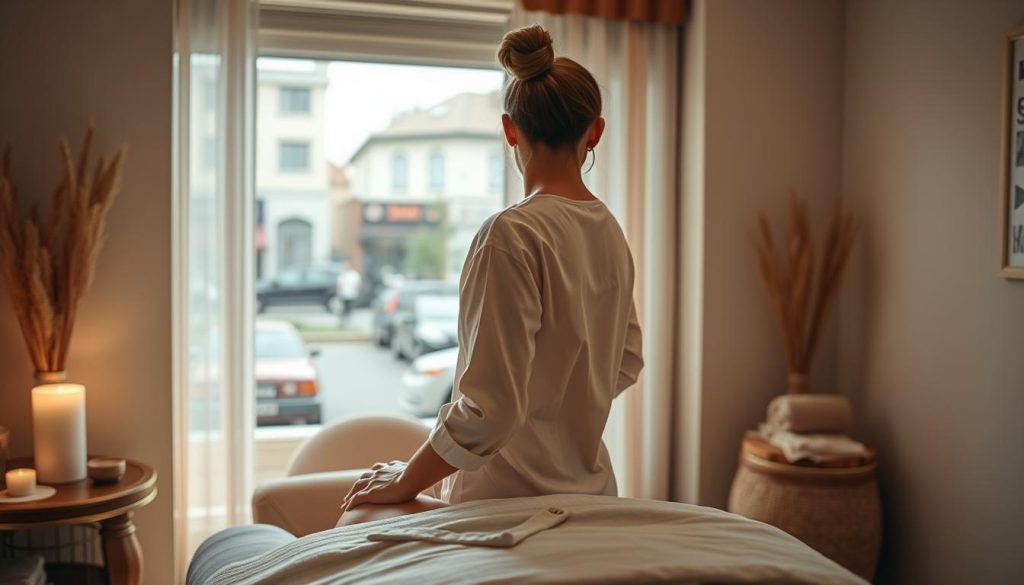 A professional, experienced masseuse stands in a serene, well-appointed treatment room. Soft, diffused lighting illuminates her hands as they gently knead and soothe a client's shoulders. The room is adorned with calming, neutral tones and natural elements like wood and stone, creating a tranquil, spa-like atmosphere. In the background, a window offers a glimpse of the bustling streets of Istanbul, a contrast to the oasis of calm within. The masseuse's movements are fluid and confident, reflecting her expertise and dedication to providing a high-quality, restorative experience.