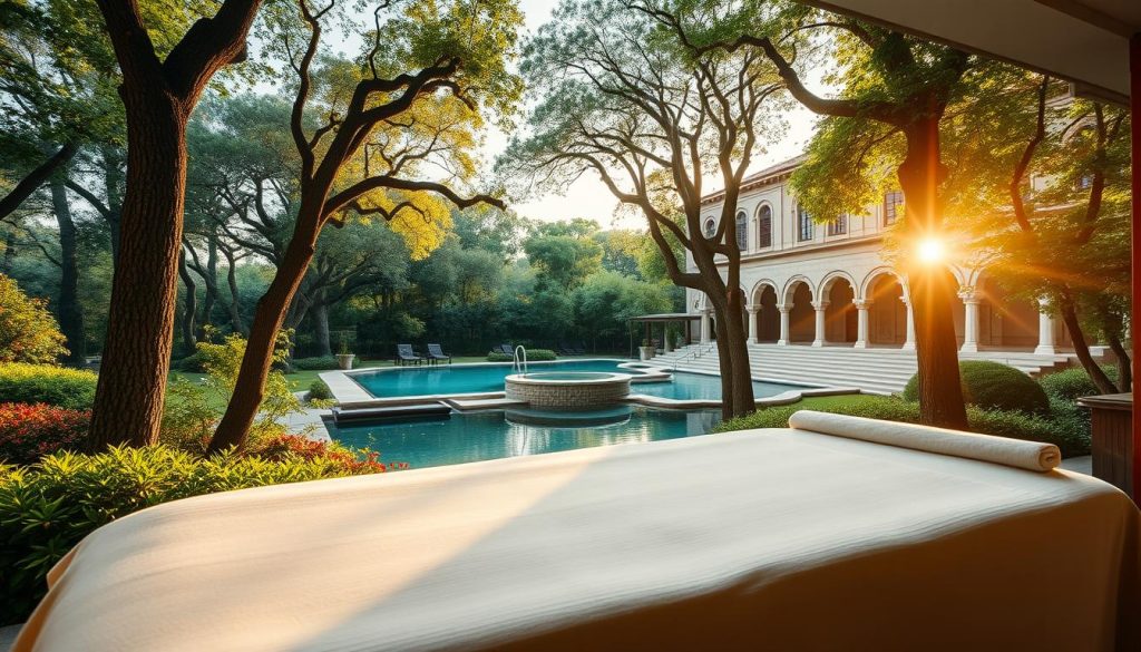 A serene Turkish spa nestled amidst lush greenery, where sunlight filters through the tall trees, casting a warm, soothing glow. In the foreground, a luxurious massage table draped with plush linens, inviting guests to indulge in the restorative power of traditional Turkish massage techniques. The middle ground features a tranquil pool, its glistening waters reflecting the verdant surroundings. In the background, a grand, ornate building with Ottoman-inspired architecture, symbolizing the rich cultural heritage of Turkey's thriving health and wellness tourism industry. A serene Turkish spa nestled amidst lush greenery, where sunlight filters through the tall trees, casting a warm, soothing glow. In the foreground, a luxurious massage table draped with plush linens, inviting guests to indulge in the restorative power of traditional Turkish massage techniques. The middle ground features a tranquil pool, its glistening waters reflecting the verdant surroundings. In the background, a grand, ornate building with Ottoman-inspired architecture, symbolizing the rich cultural heritage of Turkey's thriving health and wellness tourism industry.