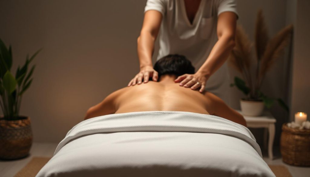 A serene and calming scene of a therapeutic massage session. A skilled masseuse's hands kneading and caressing the back and shoulders of a relaxed, tension-free subject, surrounded by a tranquil, dimly lit environment. Soft, diffused lighting casts a soothing glow, while the background features natural elements like potted plants and calming neutral tones, creating an atmosphere of total relaxation and stress relief. The massage table is positioned prominently, its clean, inviting form drawing the viewer's focus. The overall impression is one of deep tranquility, comfort, and the restorative power of a professional, therapeutic massage.