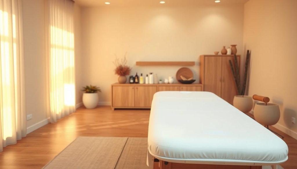A serene and calming scene of a tranquil rehabilitation and massage studio. The room is bathed in warm, soft lighting, creating a soothing atmosphere. In the foreground, a modern massage table stands ready, its clean lines and minimalist design conveying a sense of professionalism and care. In the middle ground, various massage implements and tools, such as oils, lotions, and massage rollers, are neatly arranged, suggesting the holistic approach to the practice. The background features a neutral-toned, natural-inspired decor, with soothing earth tones and subtle textures, evoking a sense of harmony and balance. The overall composition conveys the integration of massage and rehabilitation, highlighting their place within the modern medical landscape.