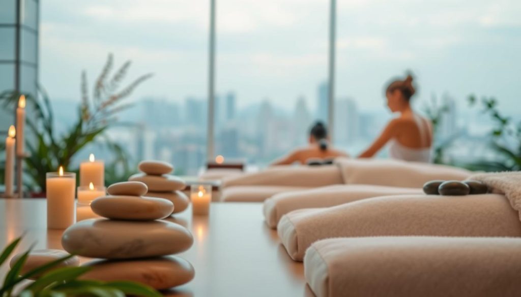 A serene and calming spa setting with various massage modalities displayed in the foreground. Smooth, polished stones, fragrant candles, and lush greenery create a tranquil atmosphere. In the middle ground, therapists demonstrate techniques like Swedish, deep tissue, and hot stone massage. The background features a soothing, blurred cityscape, hinting at the urban oasis this massage experience provides. Soft, diffused lighting enhances the peaceful ambiance, inviting the viewer to relax and unwind. The image conveys the diverse array of massage options and their potential health benefits. A serene and calming spa setting with various massage modalities displayed in the foreground. Smooth, polished stones, fragrant candles, and lush greenery create a tranquil atmosphere. In the middle ground, therapists demonstrate techniques like Swedish, deep tissue, and hot stone massage. The background features a soothing, blurred cityscape, hinting at the urban oasis this massage experience provides. Soft, diffused lighting enhances the peaceful ambiance, inviting the viewer to relax and unwind. The image conveys the diverse array of massage options and their potential health benefits.