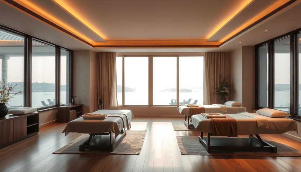A serene and elegant interior of a high-end massage salon in Bebek, Istanbul. The space is bathed in warm, diffused lighting, creating a relaxing ambiance. Plush, leather massage tables are positioned throughout the room, surrounded by minimalist decor and natural materials like wood and stone. Soft fabrics and muted colors evoke a sense of tranquility. Large windows offer a picturesque view of the Bosporus, blending the indoors and outdoors. The atmosphere is one of refined luxury and attentive service, reflecting the exceptional massage experiences available within. A serene and elegant interior of a high-end massage salon in Bebek, Istanbul. The space is bathed in warm, diffused lighting, creating a relaxing ambiance. Plush, leather massage tables are positioned throughout the room, surrounded by minimalist decor and natural materials like wood and stone. Soft fabrics and muted colors evoke a sense of tranquility. Large windows offer a picturesque view of the Bosporus, blending the indoors and outdoors. The atmosphere is one of refined luxury and attentive service, reflecting the exceptional massage experiences available within.