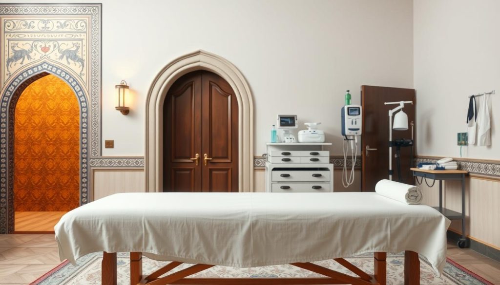 A serene and harmonious scene of Istanbul's integration of massage and medical practices. In the foreground, a soothing and inviting massage table set against a backdrop of traditional Turkish architectural elements, such as ornate tiles and arched doorways. The middle ground features medical equipment and supplies, symbolizing the seamless blend of holistic and clinical approaches. The lighting is soft and diffused, creating a calming atmosphere. The overall composition conveys a sense of balance, wellness, and the synergistic relationship between massage and integrated healthcare in the vibrant city of Istanbul.
