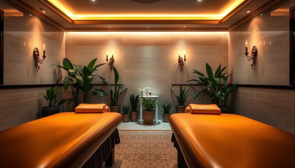 A serene and inviting interior of a high-end Anadolu Yakası massage parlor, bathed in warm lighting and adorned with elegant Turkish decor. Plush leather massage tables occupy the foreground, while lush potted plants and ornate wall sconces create a tranquil, spa-like atmosphere in the middle ground. The background features a minimalist yet refined ambiance, with subtle patterned tiles and neutral-toned walls that evoke a sense of relaxation and well-being. The overall scene conveys an air of luxurious pampering and indulgence, catering to the discerning clientele of Anadolu Yakası's premier massage establishments.