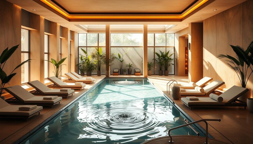 A serene and luxurious spa experience in Pendik, Istanbul. The scene depicts a spacious and well-appointed spa interior, with natural light streaming through large windows, illuminating a tranquil pool surrounded by plush loungers. Lush, verdant plants and soothing water features create a calming ambiance. The space is accentuated by warm, earthy tones and soft, diffused lighting, evoking a sense of relaxation and rejuvenation. Elegant and modern design elements, such as sleek, minimalist furnishings, contribute to the refined and sophisticated atmosphere. The overall mood is one of serenity, comfort, and a luxurious escape from the bustling city.