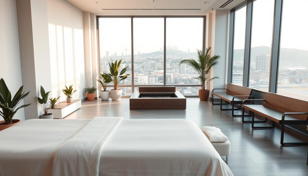 A serene and modern medical massage studio in Istanbul, filled with natural light and calming neutral tones. The foreground features a plush massage table with crisp white linens, surrounded by minimalist decor and potted plants. The middle ground showcases a tranquil waiting area with sleek wooden benches and a minimalist water feature. The background depicts a panoramic view of the Istanbul skyline through floor-to-ceiling windows, creating a sense of urban sophistication. The overall atmosphere conveys a harmonious balance of quality, professionalism, and affordability.