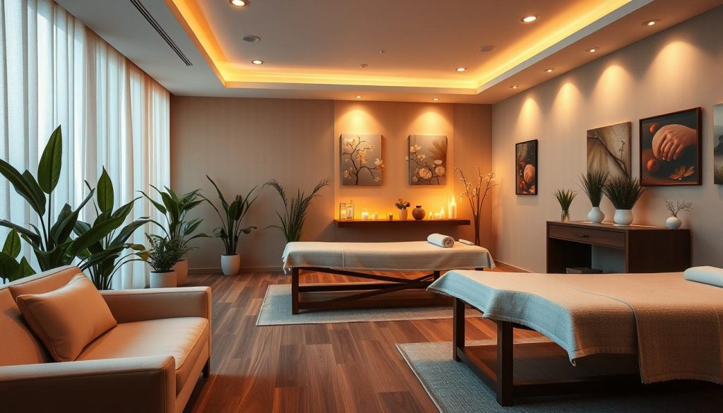 A serene and sophisticated interior of a Sultangazi massage salon, bathed in warm, soft lighting. Plush, neutral-toned furnishings and natural elements, like potted plants, create a tranquil, spa-like ambiance. The room features sleek, wooden massage tables positioned in a well-organized layout, conveying a sense of professionalism and relaxation. Subtle details, such as calming artwork on the walls and calming scents, further enhance the calming atmosphere. The overall composition exudes a harmonious, luxurious vibe, inviting weary patrons to unwind and rejuvenate.