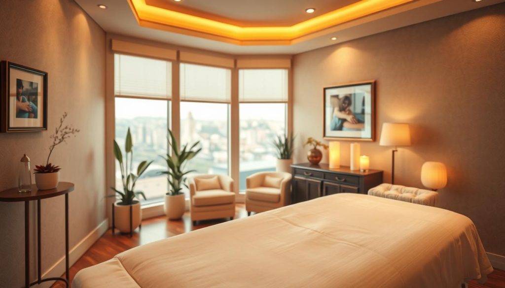 A serene and tranquil massage parlor in the heart of Kadıköy, Istanbul. The interior features warm lighting, plush furnishings, and soothing wall textures that create a calming atmosphere. In the foreground, a cozy massage table with clean white linens. The middle ground showcases elegant decor elements like potted plants and tasteful artwork. The background depicts a softly blurred cityscape outside the parlor's windows, conveying a sense of urban relaxation. The overall scene evokes a high-end, professional spa experience tailored to the Kadıköy neighborhood. A serene and tranquil massage parlor in the heart of Kadıköy, Istanbul. The interior features warm lighting, plush furnishings, and soothing wall textures that create a calming atmosphere. In the foreground, a cozy massage table with clean white linens. The middle ground showcases elegant decor elements like potted plants and tasteful artwork. The background depicts a softly blurred cityscape outside the parlor's windows, conveying a sense of urban relaxation. The overall scene evokes a high-end, professional spa experience tailored to the Kadıköy neighborhood.
