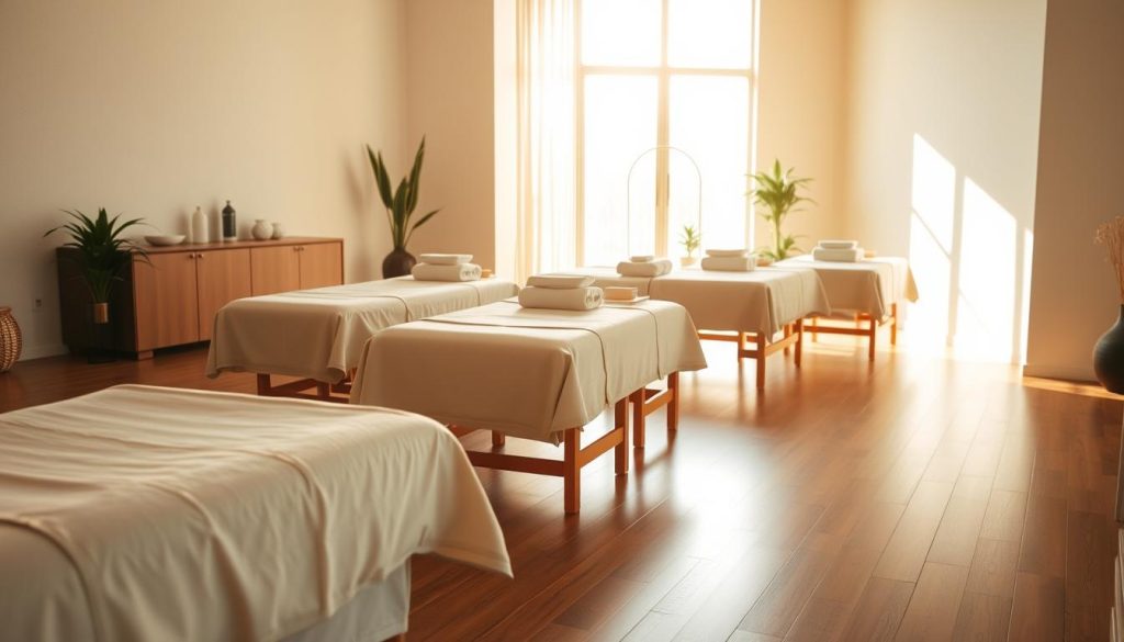 A serene and tranquil massage studio, the warm light filtering through a large window casts a soft glow. Neatly arranged massage tables sit on a polished wooden floor, draped with plush, inviting fabrics. Soothing scents of essential oils permeate the air, creating a calming atmosphere. In the background, a minimalist but elegant decor, with subtle plant accents, exudes a sense of balance and harmony. The camera captures the scene from a slightly elevated angle, showcasing the overall layout and the thoughtful attention to detail that defines the space. This image represents the core techniques and methods of various massage modalities, inviting the viewer to experience the restorative power of touch.