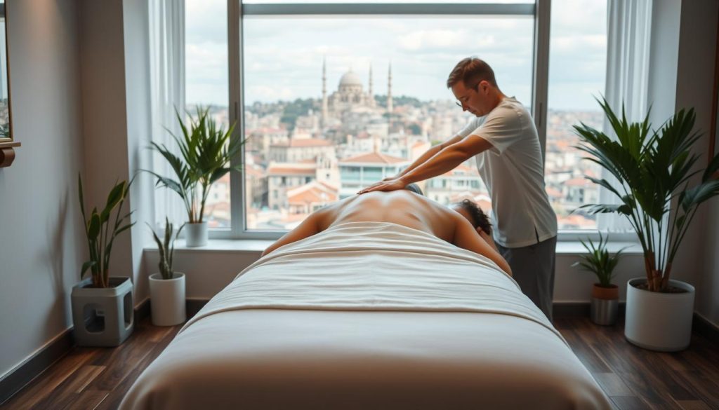 A serene and tranquil scene showcasing the expertise of Istanbul's medical massage therapists. The foreground features a plush, modern massage table surrounded by elegant, minimalist decor - calming neutral tones, soft lighting, and natural elements like potted plants. In the middle ground, a therapist's hands perform a precise, soothing massage technique on a patient's back, conveying a sense of professionalism and care. The background depicts the vibrant, bustling city of Istanbul through a large window, providing a calming contrast to the intimate treatment space. The overall atmosphere exudes a sense of relaxation, wellness, and trust in the skilled hands of the city's medical massage experts.