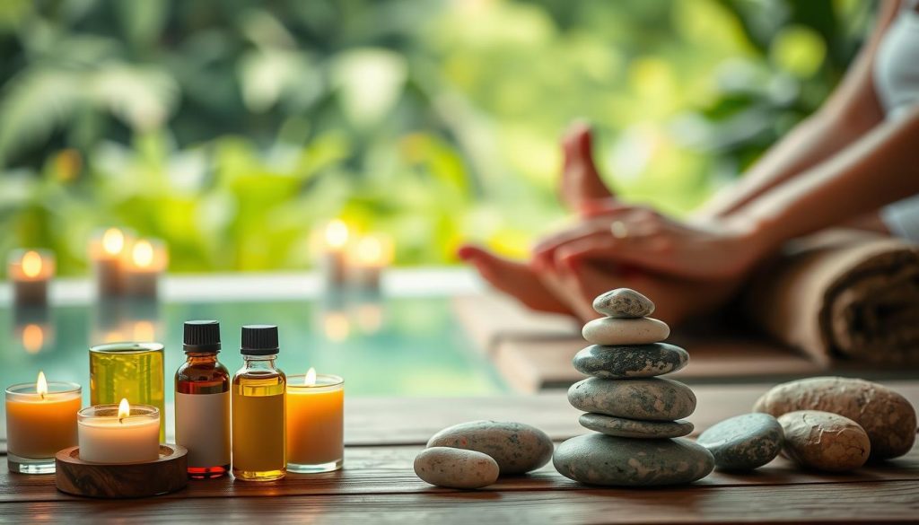 A serene and tranquil spa-like setting, with a calming palette of soft natural tones. In the foreground, an arrangement of aromatic oils, candles, and reflexology stones artfully displayed on a wooden table. In the middle ground, a pair of hands delicately massaging the feet of a relaxed individual, hinting at the therapeutic benefits of reflexology and aromatherapy. The background features a blurred, out-of-focus scene of soothing greenery, conveying a sense of peacefulness and relaxation. Subtle lighting casts a warm, diffused glow, creating an atmosphere of total rejuvenation and well-being.