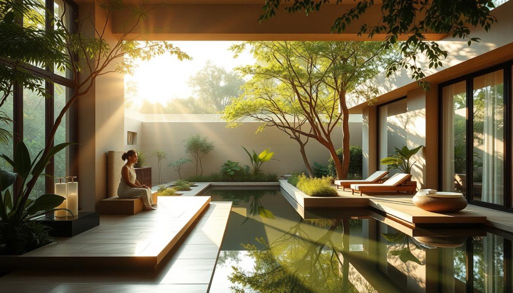 A serene and tranquil spa nestled amidst a lush, verdant landscape. The Peninsula Spa presents a harmonious blend of natural elements, with a modern, minimalist architectural design that seamlessly integrates with its surroundings. Sunlight filters through large windows, casting a warm, golden glow throughout the spa's airy, open-concept spaces. Smooth, polished stone surfaces and earthy, muted tones create a calming, restorative atmosphere. Carefully curated foliage and water features enhance the sense of connection with nature, inviting guests to fully immerse themselves in a holistic wellness experience. The spa's outdoor wellness areas, such as meditation gardens and tranquil reflection pools, offer a serene sanctuary for relaxation and rejuvenation.