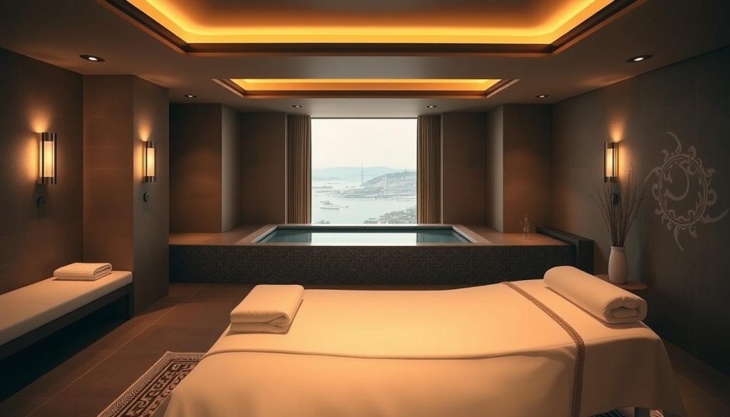 A serene and tranquil spa oasis, Sumahan Wellness blends traditional Turkish wellness practices with modern, minimalist design. The interior features warm, earthy tones, natural textures, and elegant lighting that creates a calming, meditative atmosphere. In the foreground, a luxurious massage table invites guests to indulge in rejuvenating treatments. The middle ground showcases a soothing hydrotherapy pool surrounded by intricate tile work, while the background reveals a panoramic view of the Bosphorus Strait, lending an air of exclusivity and refinement. The overall scene evokes a harmonious synthesis of old and new, offering a sanctuary of wellness and relaxation.