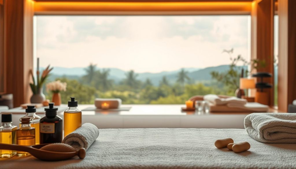 A serene and tranquil spa setting, bathed in soft, warm lighting. In the foreground, various massage tools and oils are artfully arranged, suggesting the diverse techniques and modalities available. The middle ground features an abstract representation of different massage styles, each with its own unique flow and energy. In the background, a soothing, natural landscape provides a calming, meditative atmosphere. The overall composition evokes a sense of relaxation, rejuvenation, and the holistic benefits of the diverse massage practices.