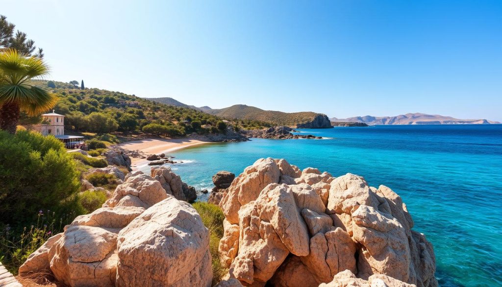 A serene cove nestled along the Aegean coastline of Bodrum, Turkey. Turquoise waters shimmer under the warm Mediterranean sun, framed by rugged cliffs and lush, verdant foliage. In the foreground, sun-bleached rocks jut out from the crystalline waves, inviting exploration. The middle ground features a secluded beach with soft, golden sand, bordered by swaying palm trees and fragrant wildflowers. In the distance, rolling hills covered in olive groves and cypress trees create a tranquil, natural backdrop. The scene evokes a sense of peace and rejuvenation, perfectly capturing the essence of a wellness experience in a pristine, unspoiled environment. A serene cove nestled along the Aegean coastline of Bodrum, Turkey. Turquoise waters shimmer under the warm Mediterranean sun, framed by rugged cliffs and lush, verdant foliage. In the foreground, sun-bleached rocks jut out from the crystalline waves, inviting exploration. The middle ground features a secluded beach with soft, golden sand, bordered by swaying palm trees and fragrant wildflowers. In the distance, rolling hills covered in olive groves and cypress trees create a tranquil, natural backdrop. The scene evokes a sense of peace and rejuvenation, perfectly capturing the essence of a wellness experience in a pristine, unspoiled environment.