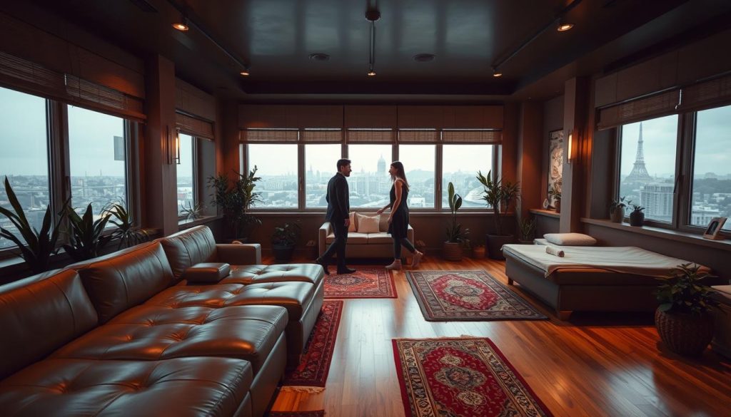 A serene, dimly lit interior of a high-end Istanbul massage studio. Plush leather couches and soft lighting create a calming ambiance. Potted plants and natural wood accents lend an organic, spa-like feel. Soft turkish rugs adorn the hardwood floors, while large windows offer glimpses of the bustling city outside. Discreet, professional staff move gracefully, offering guests a tranquil escape from the urban landscape. The scene conveys a sense of luxury, relaxation, and attention to detail that defines Istanbul's premier massage destinations. A serene, dimly lit interior of a high-end Istanbul massage studio. Plush leather couches and soft lighting create a calming ambiance. Potted plants and natural wood accents lend an organic, spa-like feel. Soft turkish rugs adorn the hardwood floors, while large windows offer glimpses of the bustling city outside. Discreet, professional staff move gracefully, offering guests a tranquil escape from the urban landscape. The scene conveys a sense of luxury, relaxation, and attention to detail that defines Istanbul's premier massage destinations.