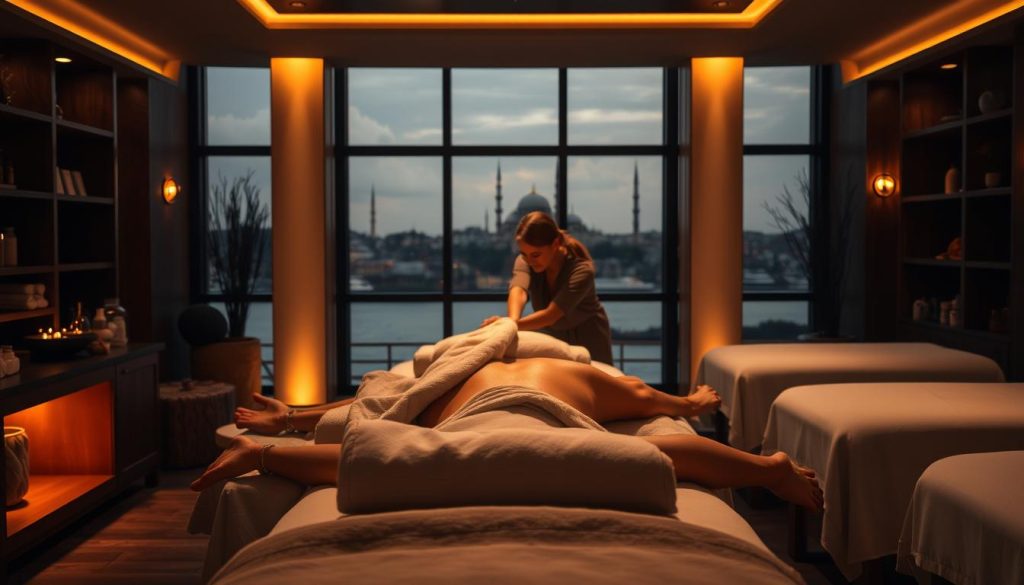 A serene, dimly-lit massage studio in Istanbul, with soft, warm lighting illuminating the wooden accents and plush massage tables. Soothing essential oils diffuse throughout the space, creating a calming, restorative atmosphere. In the foreground, a skilled masseuse's hands gently knead and manipulate the muscles of a relaxed client, promoting circulation and relieving tension. The middle ground showcases various massage modalities, such as traditional Turkish techniques and integrative therapies, each with their own unique benefits for holistic well-being. In the background, a tranquil landscape of Istanbul's iconic domes and minarets can be seen through large windows, blending the indoor and outdoor environments. An atmosphere of tranquility, wellness, and the harmonious integration of mind, body, and spirit.