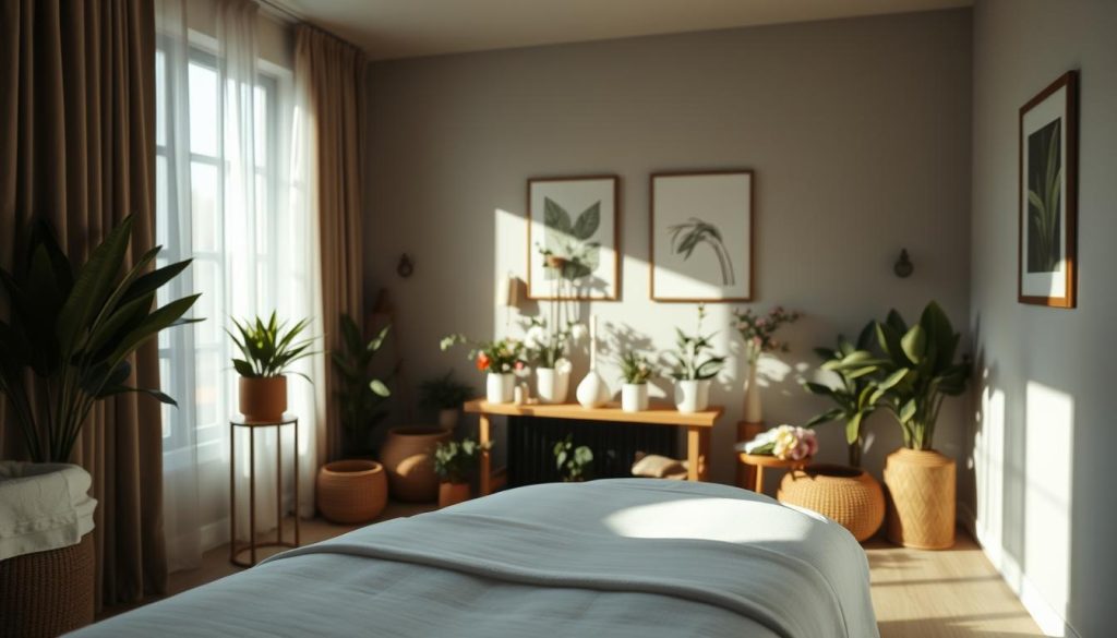 A serene, dimly lit massage studio with soft, natural lighting filtering in through large windows. In the foreground, a massage table draped in crisp, white linens, inviting the viewer to imagine the soothing experience of a therapeutic massage. The middle ground features an array of calming, botanical elements - potted plants, fresh flowers, and soothing essential oil diffusers, creating a harmonious, spa-like ambiance. The background showcases neutral-toned walls adorned with minimal, nature-inspired artwork, further enhancing the tranquil, restorative atmosphere. The overall scene conveys a sense of relaxation, wellness, and the holistic benefits of massage for one's physical and mental health.