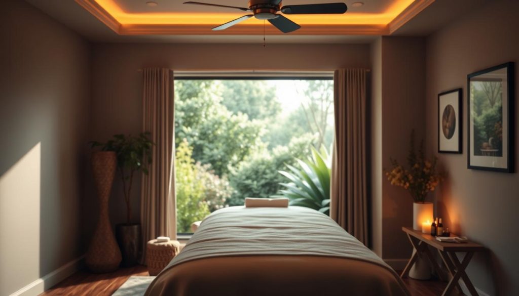 A serene, dimly lit massage studio with soft, warm lighting and soothing ambiance. In the foreground, a well-equipped treatment table with plush linens and essential oils nearby. The middle ground features a large window overlooking a lush, tranquil garden, casting a gentle glow. In the background, subtle artwork and décor that evoke a sense of relaxation and professionalism. The overall atmosphere exudes expertise, care, and a commitment to the well-being of the clients.