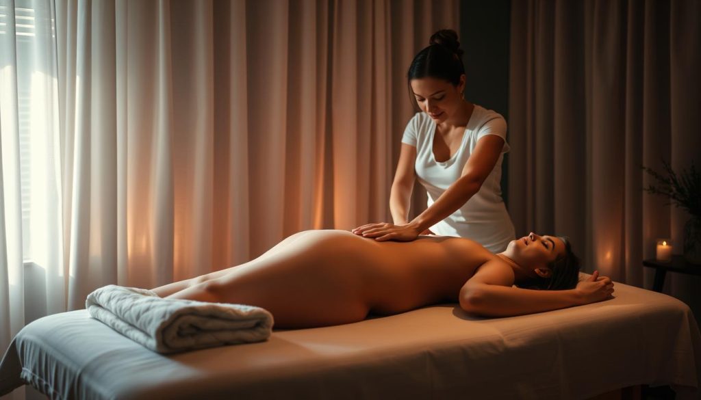 A serene, dimly lit massage studio. A pregnant woman lies peacefully on a table, as a skilled massage therapist applies gentle, soothing strokes to her back and shoulders. Soft, warm lighting filters through sheer curtains, creating a calming, intimate atmosphere. The room is filled with the subtle scent of essential oils, complementing the tranquil scene. The therapist's movements are fluid and intentional, expertly tailored to the unique needs of the expectant mother. This image captures the harmonious integration of massage therapy and prenatal care, a testament to the holistic approach to health and wellness.