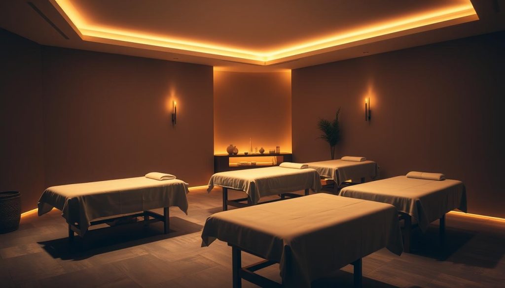 A serene, dimly lit room with massage tables positioned throughout. Soft, warm lighting casts a gentle glow, creating a tranquil atmosphere. Plush, linen-draped tables stand ready, awaiting the skilled hands of experienced physical therapists. Soothing, earthy tones and natural textures, such as wood and stone, fill the space, promoting a sense of healing and restoration. The scene exudes a calming, restorative energy, capturing the essence of the "Fizik Tedavi Yöntemleri" (Physical Therapy Methods) that can alleviate chronic pain through the power of massage.