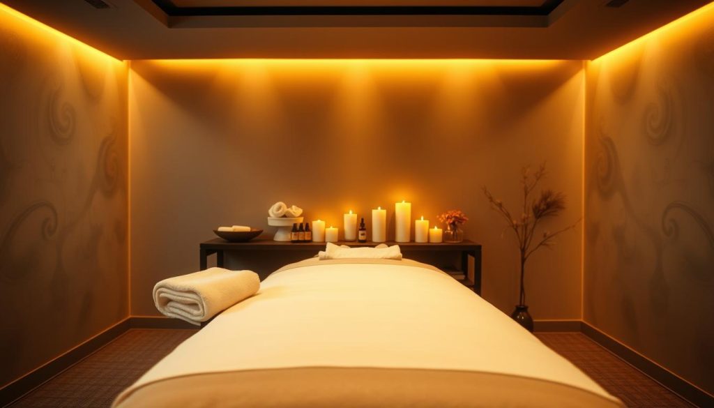 A serene, dimly lit room with warm, golden lighting. In the foreground, a massage table is situated, adorned with plush linens and soft towels. In the middle ground, an array of essential oils, massage tools, and aromatherapy candles are carefully arranged, showcasing the expertise of the massage therapists. The background features soothing, abstract patterns on the walls, creating a calming, tranquil atmosphere. The overall scene conveys a sense of professionalism, relaxation, and the specialized skills of the massage therapists. A serene, dimly lit room with warm, golden lighting. In the foreground, a massage table is situated, adorned with plush linens and soft towels. In the middle ground, an array of essential oils, massage tools, and aromatherapy candles are carefully arranged, showcasing the expertise of the massage therapists. The background features soothing, abstract patterns on the walls, creating a calming, tranquil atmosphere. The overall scene conveys a sense of professionalism, relaxation, and the specialized skills of the massage therapists.