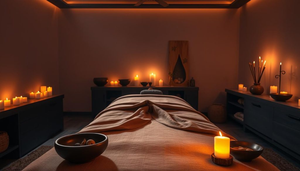 A serene, dimly lit spa room with soft, warm lighting casting a soothing glow. In the center, a massage table is draped with luxurious, silky fabrics in earthy tones. Candles flicker, their flames dancing and casting shadows on the walls. Bowls of fragrant essential oils and incense sticks emit a calming, sensual aroma. The atmosphere is tranquil, inviting a deeply relaxing Tantra massage experience that balances the energy flow throughout the body. A serene, dimly lit spa room with soft, warm lighting casting a soothing glow. In the center, a massage table is draped with luxurious, silky fabrics in earthy tones. Candles flicker, their flames dancing and casting shadows on the walls. Bowls of fragrant essential oils and incense sticks emit a calming, sensual aroma. The atmosphere is tranquil, inviting a deeply relaxing Tantra massage experience that balances the energy flow throughout the body.