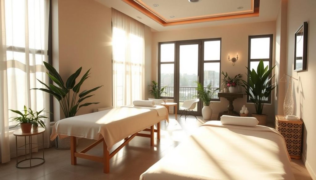 A serene, inviting massage parlor nestled in the heart of Avrupa Yakası, with natural sunlight streaming through large windows, illuminating plush massage tables and soothing decor. The space exudes an atmosphere of tranquility, with soft lighting and calming neutral tones. Elegant, minimalist furnishings create a sense of understated luxury, while potted plants and natural textures evoke a peaceful, restorative ambiance. The scene conveys the promise of a rejuvenating experience, where visitors can escape the hustle and bustle of the city and indulge in affordable, high-quality massage services.