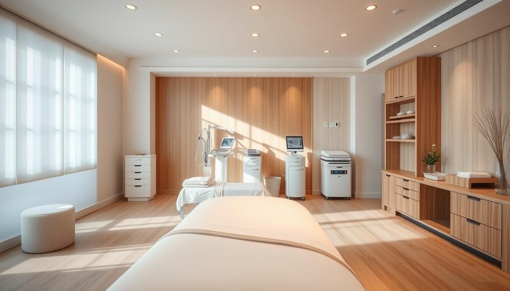 A serene, light-filled massage studio showcasing a soothing, integrated healthcare experience. A tranquil, minimalist space with warm wooden accents and natural textures. In the foreground, a state-of-the-art massage table invites visitors to relax and unwind. Soft, diffused lighting from overhead fixtures creates a calming ambiance. In the middle ground, medical equipment and wellness tools are neatly arranged, hinting at the comprehensive, health-focused services offered. The background features clean, neutral-toned walls, further emphasizing the clinic-like, professional atmosphere. An overall sense of harmony, balance, and a holistic approach to wellbeing permeates the scene.