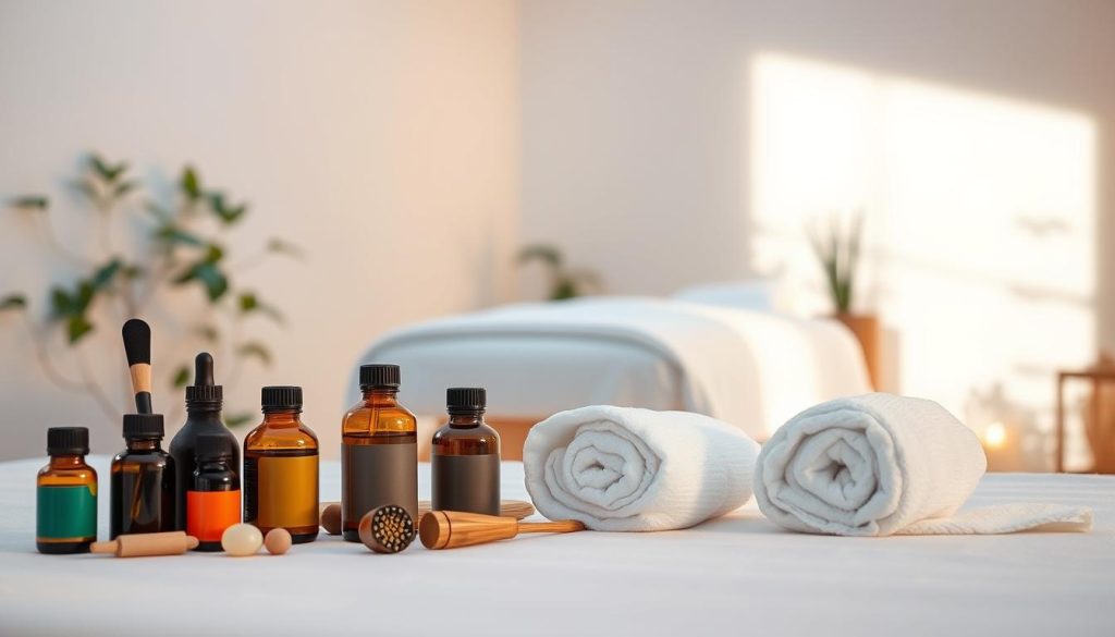A serene massage parlor setting, with soft lighting and a tranquil atmosphere. In the foreground, a collection of essential oils, massage tools, and plush towels are arranged neatly. In the middle ground, a massage table is positioned, adorned with crisp, white linens. The background features a calming, neutral-toned wall, with the faint silhouettes of potted plants casting gentle shadows. The overall scene conveys a sense of relaxation and the potential benefits of various massage techniques, such as improved circulation, reduced stress, and enhanced muscle recovery.