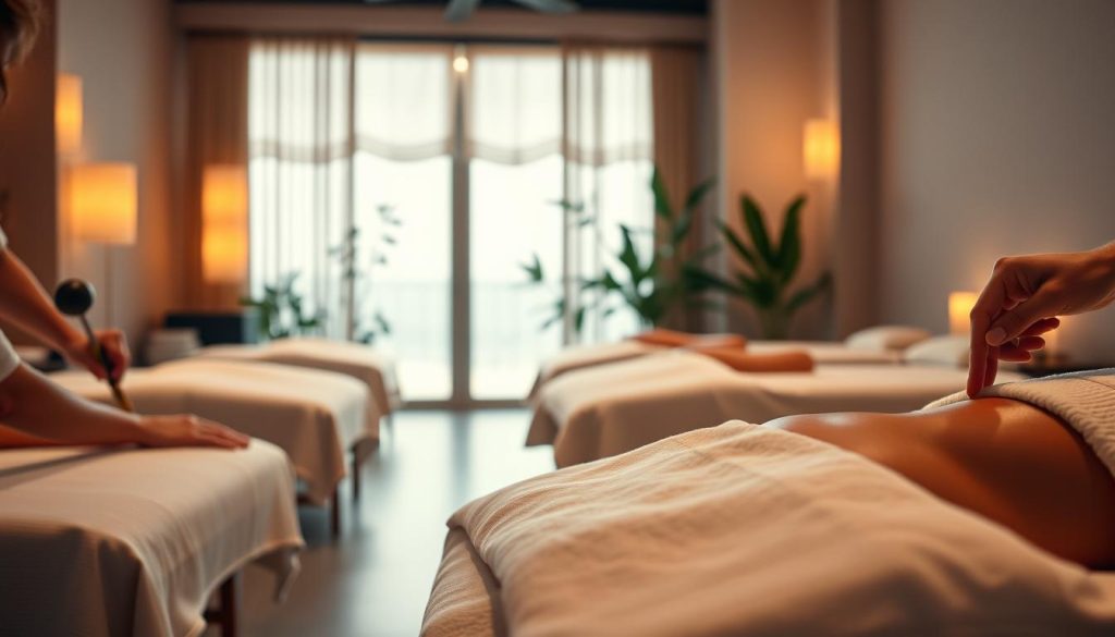 A serene massage studio, softly lit with warm-toned lamps, showcasing an array of massage techniques. In the foreground, skilled hands knead and manipulate muscles, utilizing various tools and techniques - from long, flowing strokes to precise pressure points. The middle ground features a tranquil scene of massage tables, draped in clean, plush linens, inviting relaxation. In the background, subtle botanical elements, such as leafy plants and calming colors, create a soothing, natural ambiance. The overall atmosphere exudes a sense of healing, rejuvenation, and the profound impact of different massage modalities on alleviating pain and discomfort.