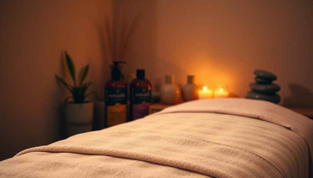 A serene massage therapy scene in a cozy, dimly lit room. Soft, warm lighting casts a soothing glow, creating a tranquil atmosphere. In the foreground, a massage table with plush, inviting linens takes center stage. Nearby, an array of massage oils and lotions in earthy tones stand ready. In the background, simple, natural decor such as potted plants and smooth river stones complement the calming ambiance. The overall composition evokes a sense of restorative relaxation and physical well-being. A serene massage therapy scene in a cozy, dimly lit room. Soft, warm lighting casts a soothing glow, creating a tranquil atmosphere. In the foreground, a massage table with plush, inviting linens takes center stage. Nearby, an array of massage oils and lotions in earthy tones stand ready. In the background, simple, natural decor such as potted plants and smooth river stones complement the calming ambiance. The overall composition evokes a sense of restorative relaxation and physical well-being.