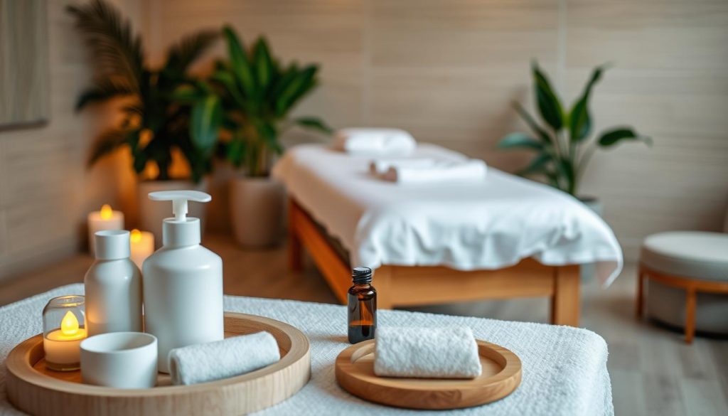 A serene massage therapy scene with calming lighting, soft textures, and essential oil diffusers. In the foreground, neatly arranged massage tools and lotions on a wooden table. The middle ground features a plush massage table with fresh linens, surrounded by tranquil potted plants. The background evokes a spa-like atmosphere with warm, indirect lighting and soothing wall textures. The overall mood is one of relaxation, safety, and professionalism, reflecting the care and attention required for a successful massage therapy session.