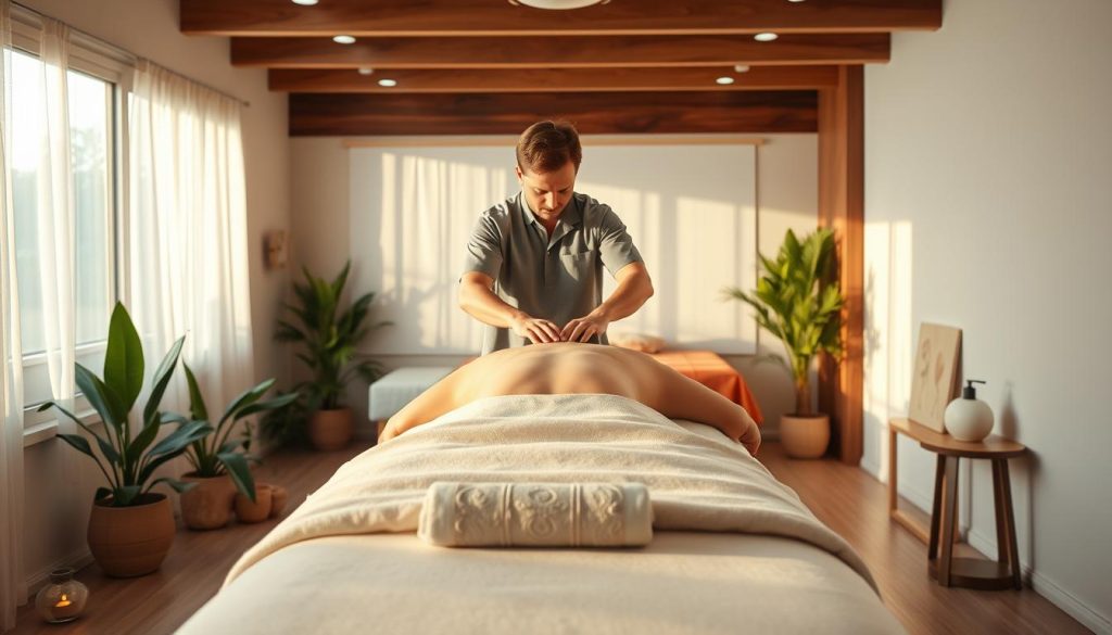 A serene massage therapy studio, with a calming ambiance and natural lighting. In the foreground, a massage table with plush linens, surrounded by soothing plants and essential oil diffusers. In the middle ground, a skilled physiotherapist performs a deep tissue massage, using precise techniques to alleviate muscle tension. The background features modern, minimalist decor with wooden accents, creating a harmonious and restorative atmosphere. The image conveys the integration of massage therapy and physiotherapy, highlighting their synergistic relationship in promoting holistic well-being. A serene massage therapy studio, with a calming ambiance and natural lighting. In the foreground, a massage table with plush linens, surrounded by soothing plants and essential oil diffusers. In the middle ground, a skilled physiotherapist performs a deep tissue massage, using precise techniques to alleviate muscle tension. The background features modern, minimalist decor with wooden accents, creating a harmonious and restorative atmosphere. The image conveys the integration of massage therapy and physiotherapy, highlighting their synergistic relationship in promoting holistic well-being.