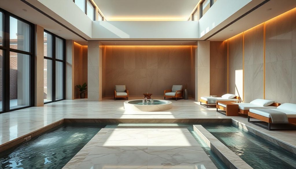 A serene, minimalist modern spa center nestled in the heart of Istanbul. Sleek, clean lines, and warm earthy tones create a tranquil ambiance. Sunlight filters through large windows, casting a soft glow on the elegant marble floors and soothing water features. Plush, contemporary furnishings invite guests to unwind in luxury. Steam-filled hammams, heated massage tables, and state-of-the-art wellness amenities cater to a holistic spa experience. Subtle lighting accentuates the architectural details, fostering a sense of calm and rejuvenation. This urban oasis offers a harmonious blend of traditional Turkish baths and modern spa indulgences. A serene, minimalist modern spa center nestled in the heart of Istanbul. Sleek, clean lines, and warm earthy tones create a tranquil ambiance. Sunlight filters through large windows, casting a soft glow on the elegant marble floors and soothing water features. Plush, contemporary furnishings invite guests to unwind in luxury. Steam-filled hammams, heated massage tables, and state-of-the-art wellness amenities cater to a holistic spa experience. Subtle lighting accentuates the architectural details, fostering a sense of calm and rejuvenation. This urban oasis offers a harmonious blend of traditional Turkish baths and modern spa indulgences.