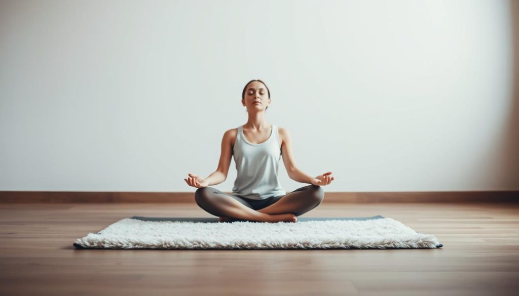 A serene, minimalist scene depicting the art of yoga and meditation. In the foreground, a person sits cross-legged on a plush yoga mat, their eyes closed in deep contemplation. Soft, diffuse lighting bathes the scene, creating a calming, ethereal atmosphere. The background features a simple, uncluttered space with muted, natural tones, allowing the focus to remain on the meditative practice. The overall composition conveys a sense of mental and physical balance, inviting the viewer to find their own inner peace and equilibrium.